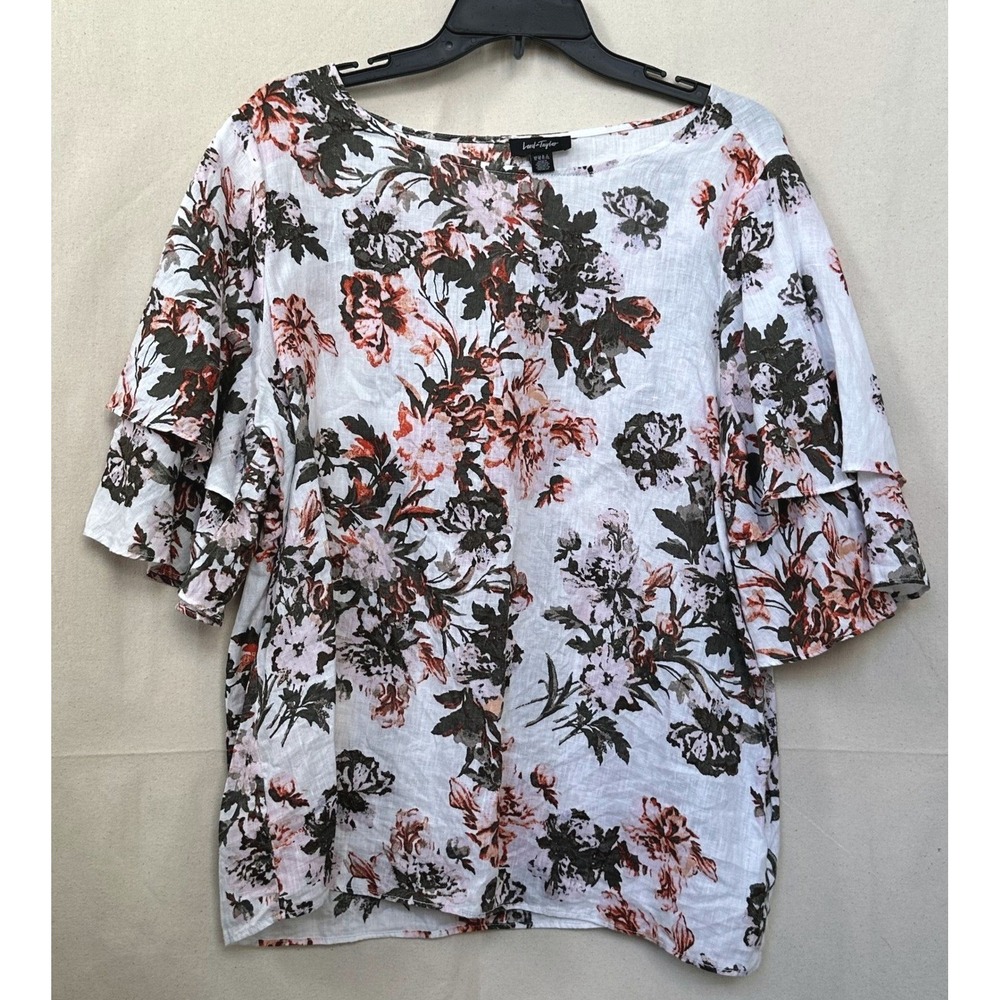 Lord & Taylor Womens‎ 100% Linen Floral Tiered Sleeve Boxy Top XL Resort Beach